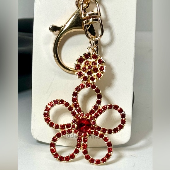 Crystal Flower Keychain Charm - Red & Gold Accent - Picture 2 of 7